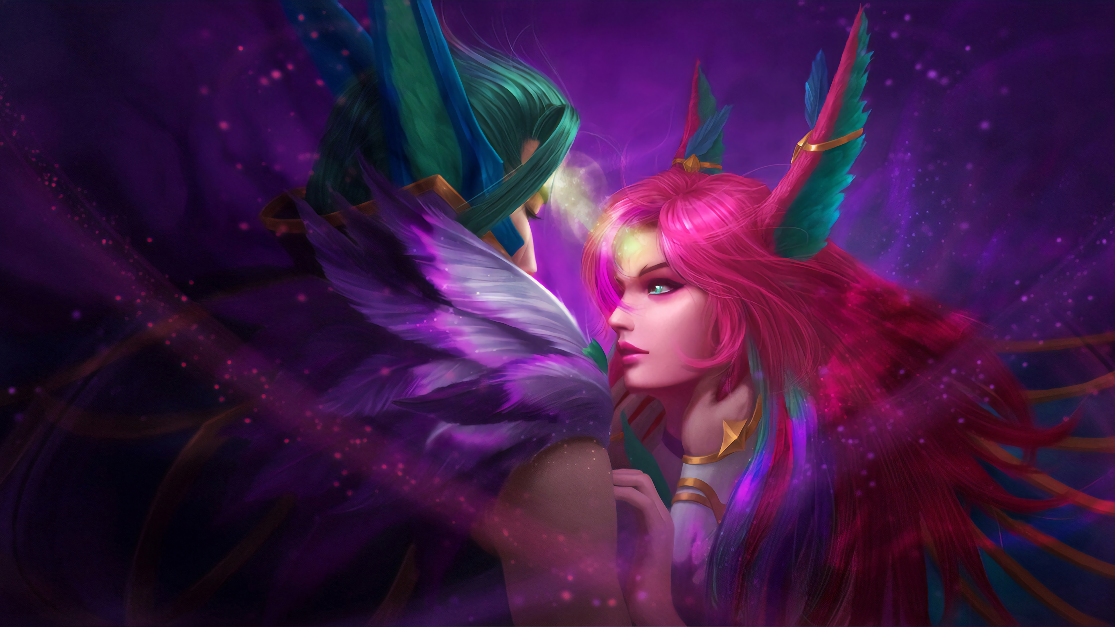 lol英雄联盟 逆羽 霞  xayah 幻翎 洛 rakan 星之守护者 4k壁纸